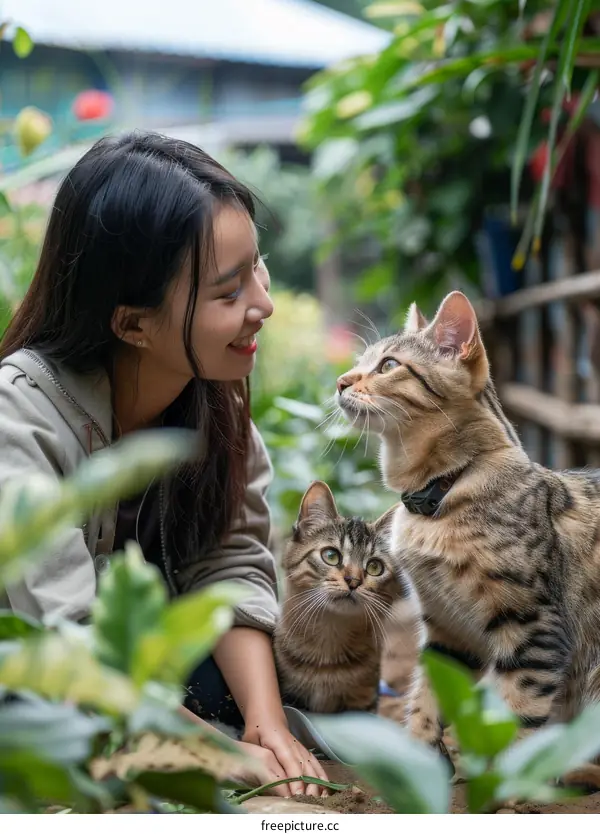 A young woman is petting two cats in a garden.