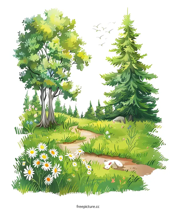 Forest Path with White Rabbit and Daisies