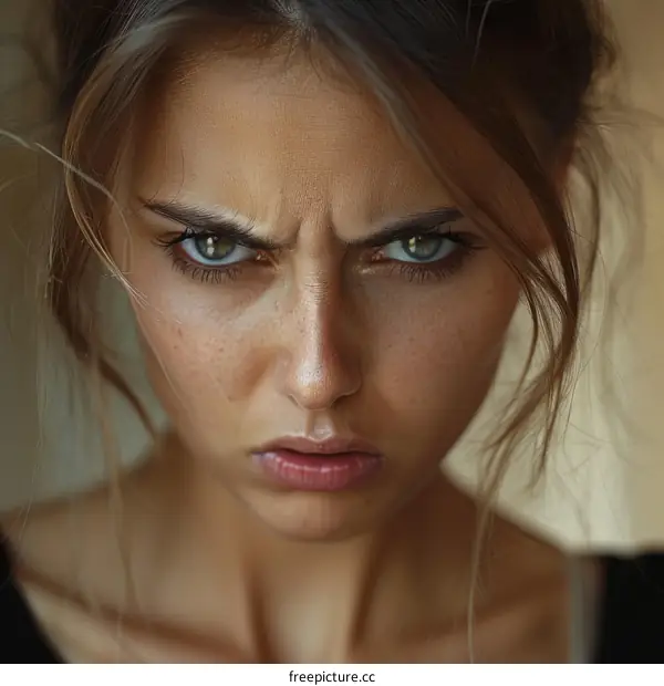 Close-up Portrait of a Caucasian Woman with an Angry Expression
