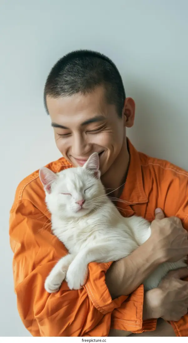 A smiling man hugging a white cat