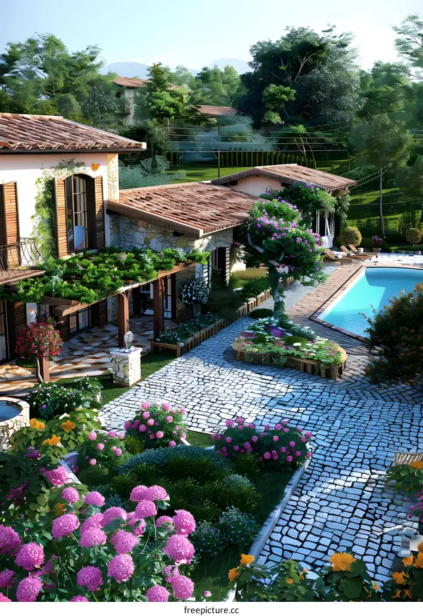 Italian Villa Garden with Pool and Flowers