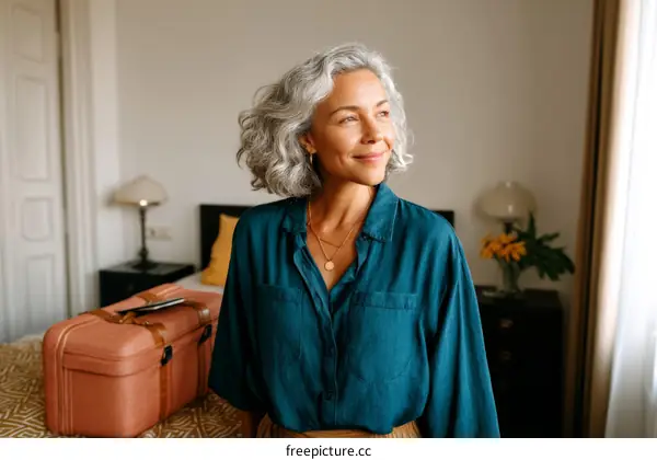 Woman Traveler in Hotel Room with Luggage