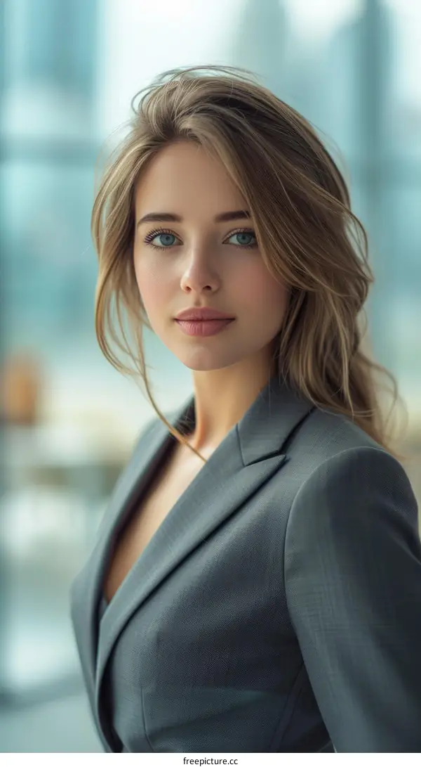 portrait of a beautiful young woman in a gray suit