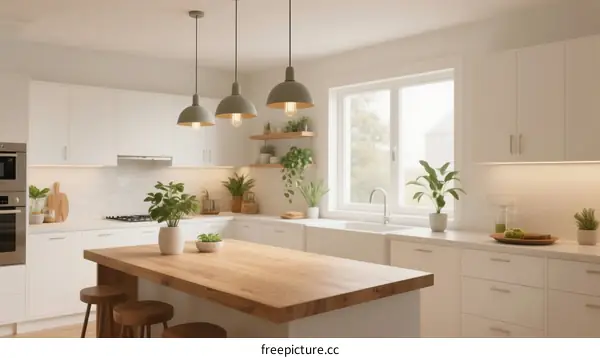 Modern white kitchen with wooden island and pendant lights