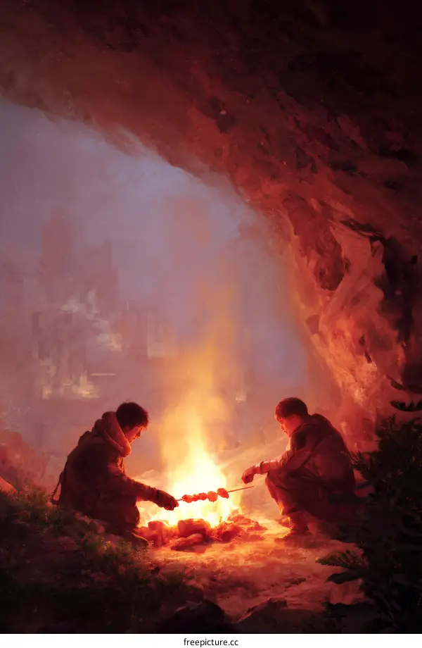 Two People Enjoying a Campfire in a Cave