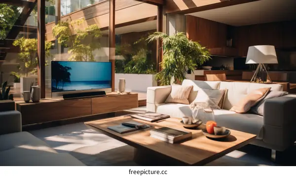 Bright airy living room with large windows and wooden furniture