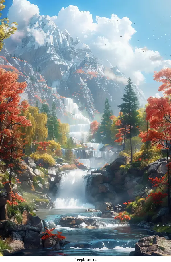 Mountain Waterfall and Forest Digital Painting