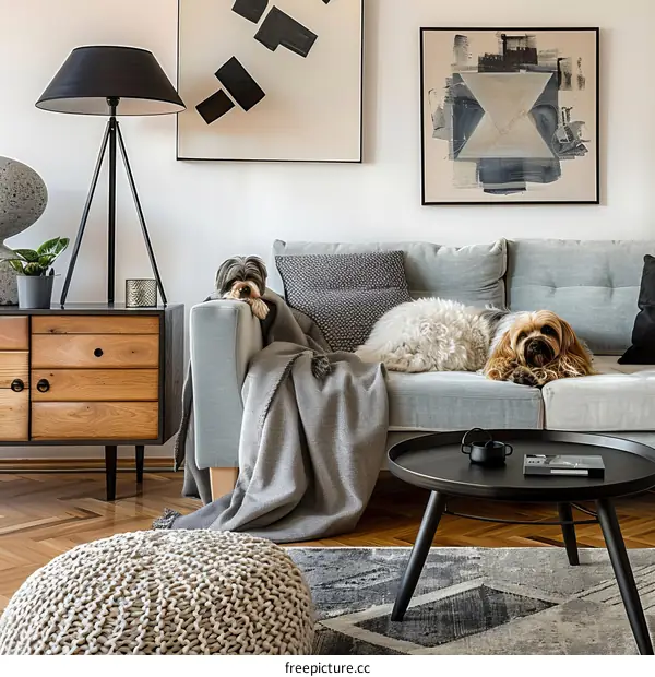Two dogs relaxing on a couch in a living room