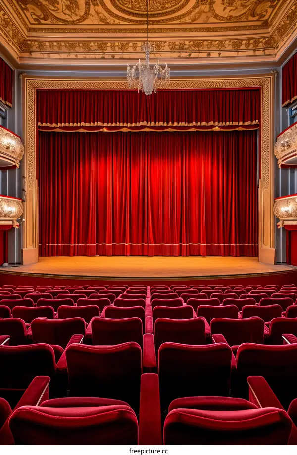 Empty red velvet theater with a stage
