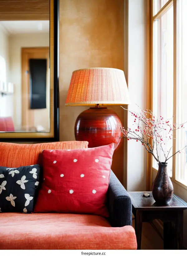 Cozy Living Room with Vibrant Red Accents