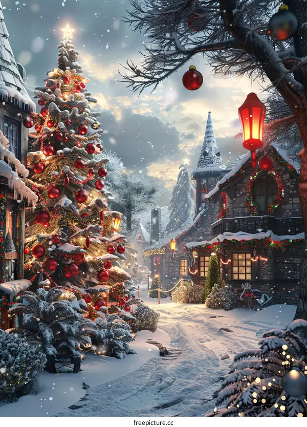 Snowy Christmas Street with Festive Illuminations