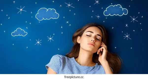 Sleeping Woman With White Clouds and Stars On Blue Background