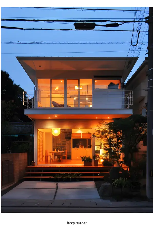 Modern Japanese House with Warm Lighting at Night