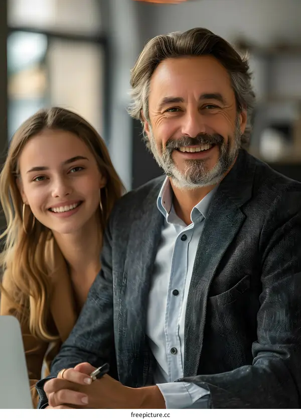 A father and daughter are sitting at a table and smiling at the camera.