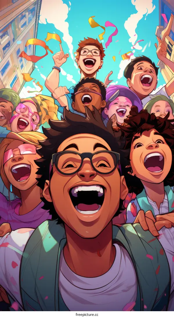 A group of diverse young people are celebrating with joy and excitement.