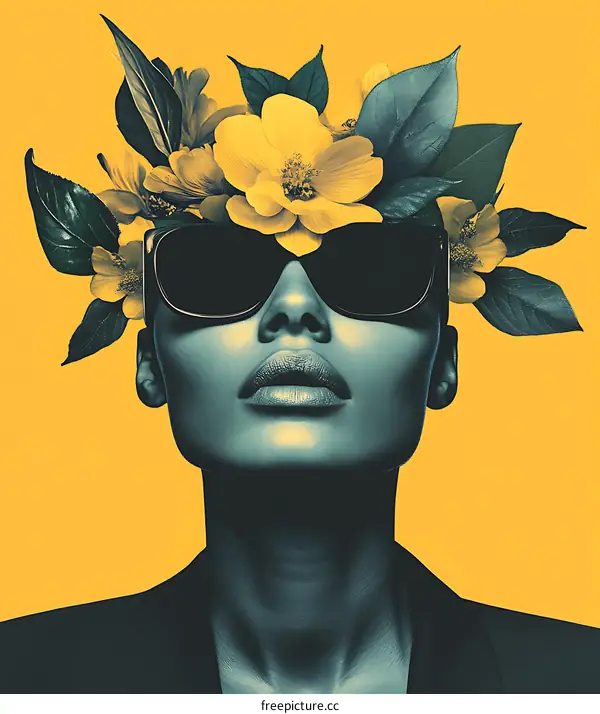 Woman in Sunglasses with Flower Crown on Yellow Background