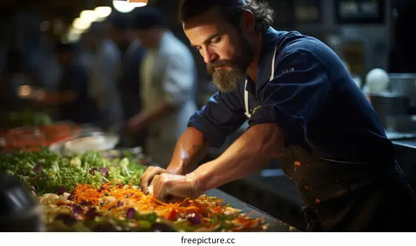 Focused male chef preparing salad in commercial kitchen