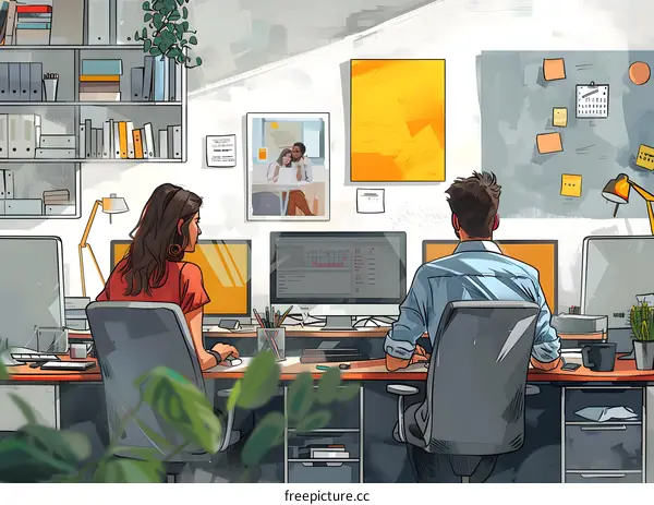 Two people working in an office