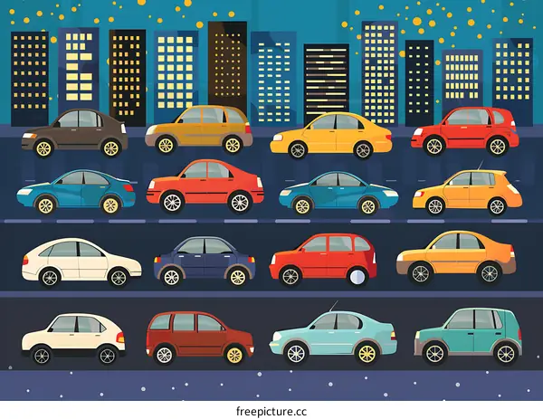 Night Cityscape with Cars Illustration