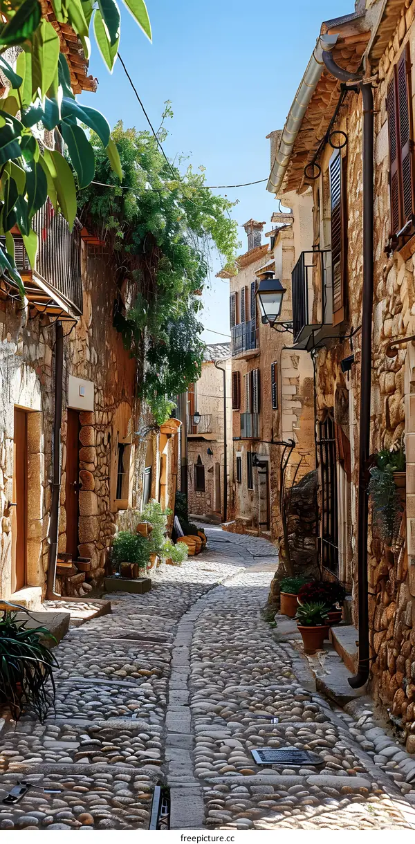 Cobblestone Street in a Historic European Village