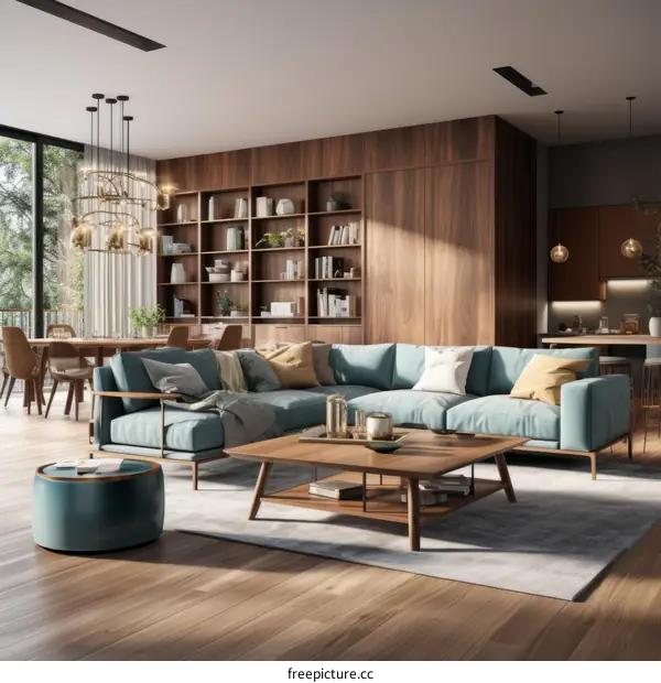 An illustration of a modern living room with wood paneling and blue sofa