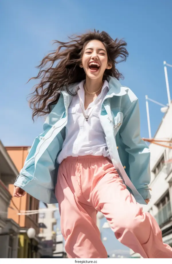 Laughing woman in pink pants and blue jacket