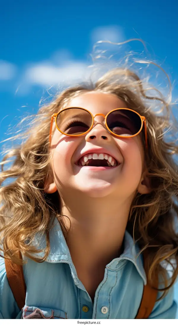 Little happy girl with orange sunglasses