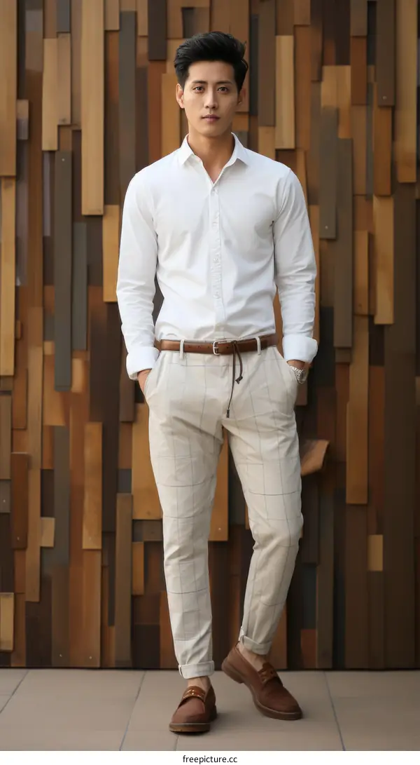 Asian man wearing white long-sleeved shirt, beige pants and brown shoes