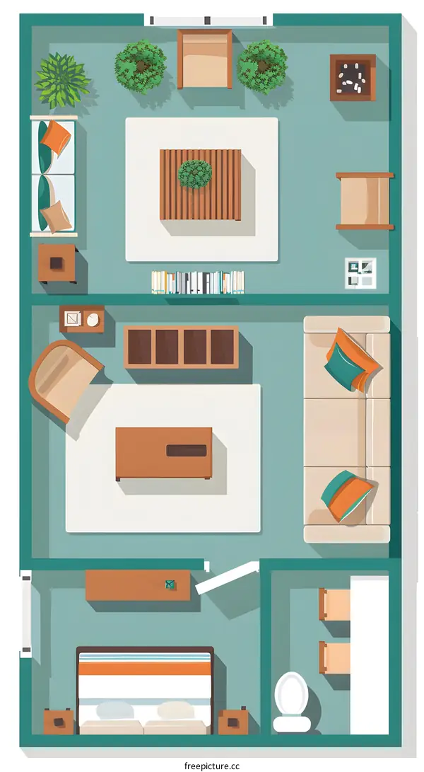 Top View of Modern Living Room with Furniture and Decor