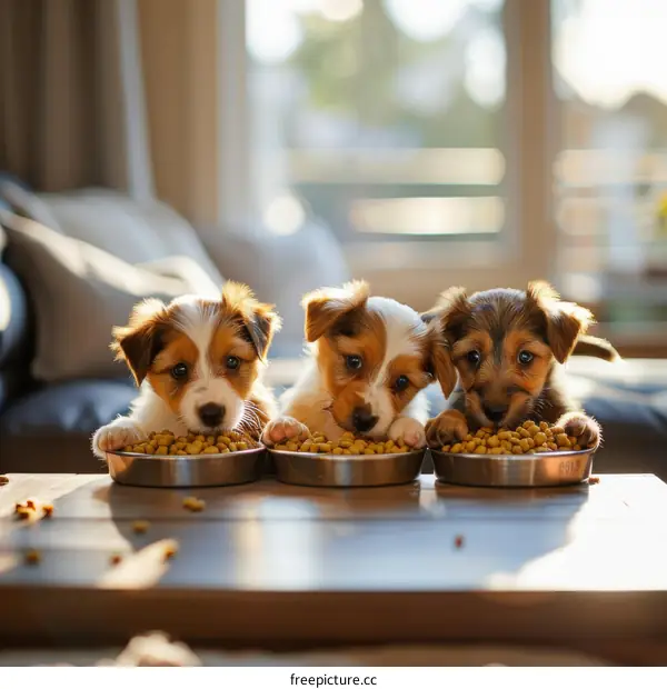 Three adorable puppies eating from bowls
