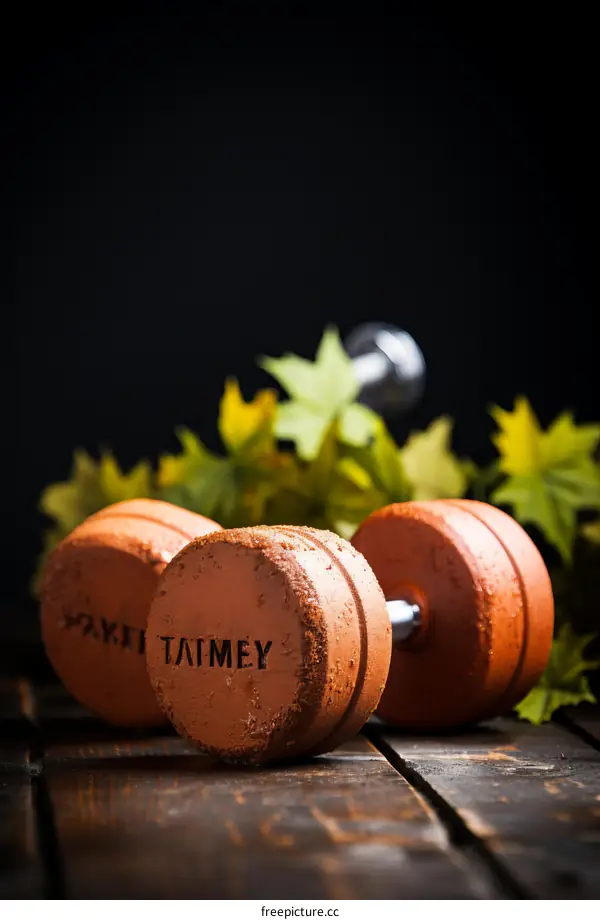 Pair of Brown Dumbbells on Wooden Table with Dark Background
