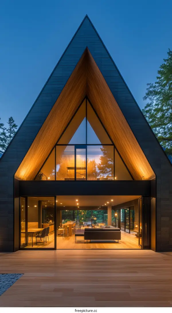 Modern A-Frame Cabin at Twilight with Expansive View