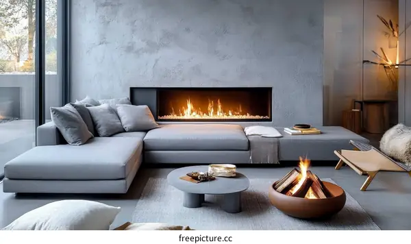 Modern Gray Living Room with Fireplace and Outdoor View
