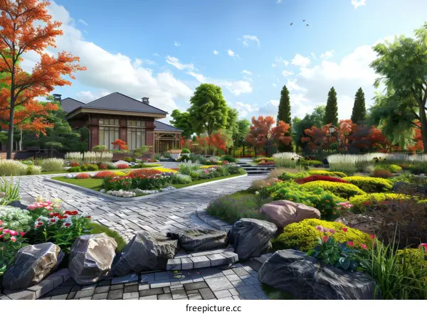 Stone Path Leading to a Colorful Garden House