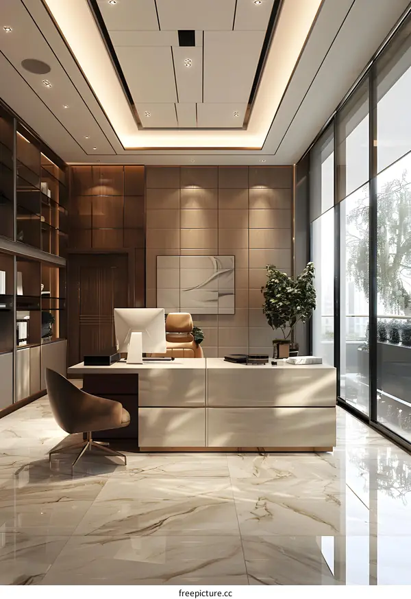 Modern office interior with large windows and marble floor