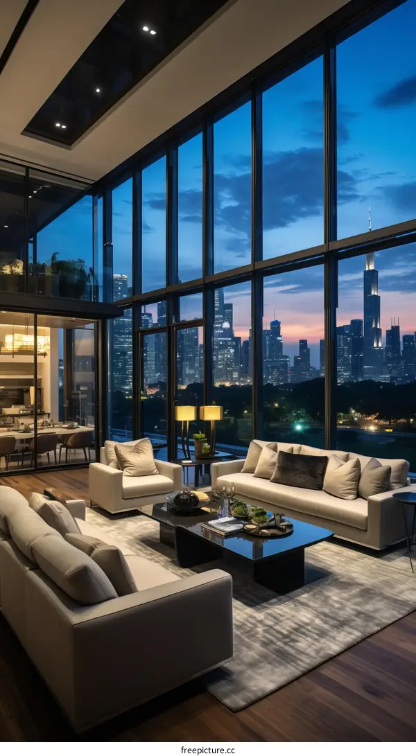Modern living room interior with floor to ceiling windows overlooking a city skyline at dusk