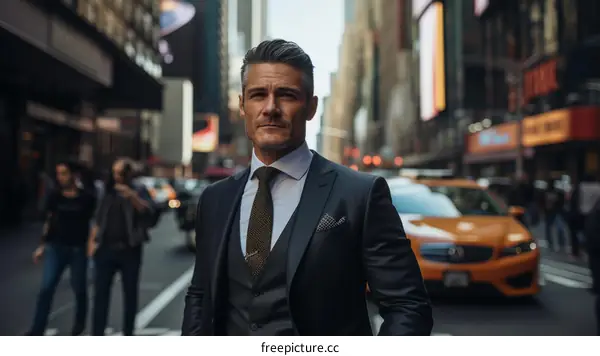 Confident businessman in suit walking in busy city street
