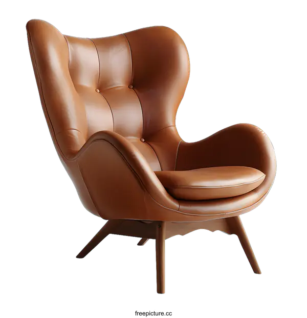 [Transparent Background PNG]Brown Leather Armchair With Wooden Legs