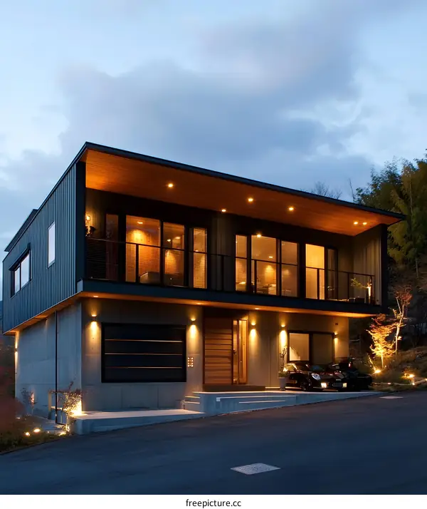 Modern House Exterior With Concrete Walls And Wooden Beams