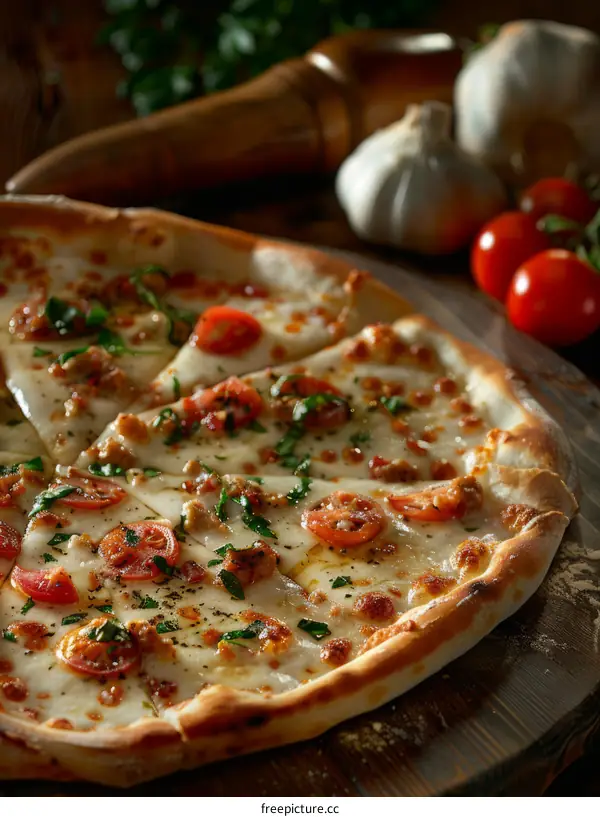 A delicious pizza with tomatoes, basil, and cheese