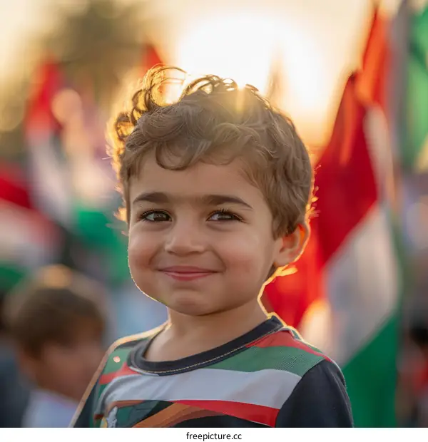 Portrait of a smiling boy with flags in the background