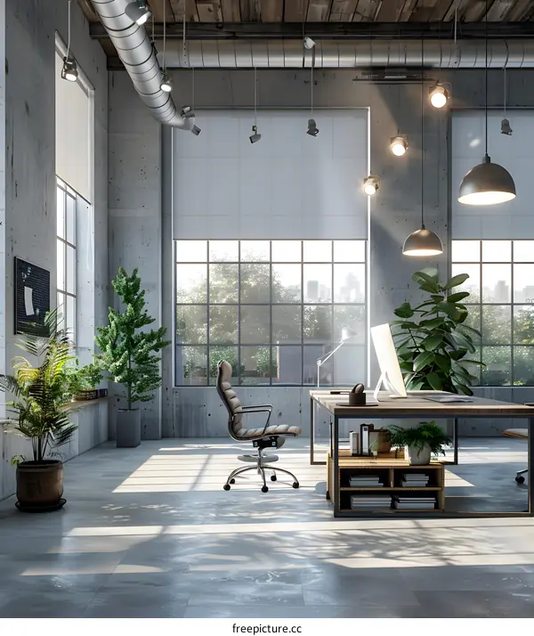 Modern office interior with large windows and green plants