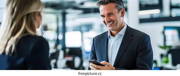 Smiling Businessman Looking at Phone