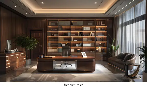 Luxury office interior with wooden bookshelf and leather furniture