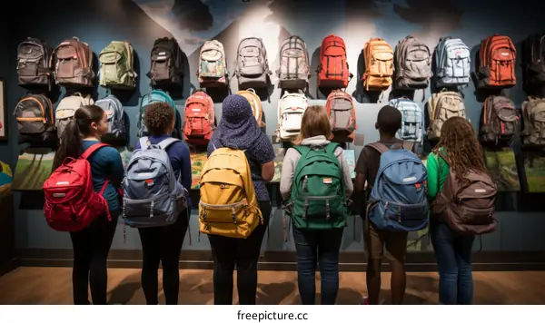 A group of diverse students looking at a colorful wall of backpacks.
