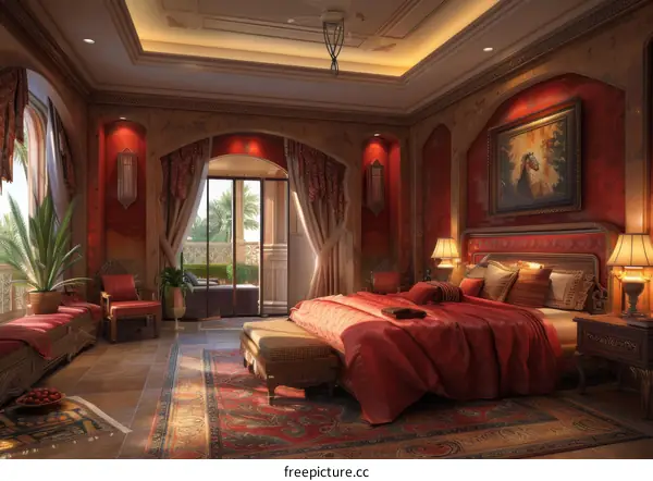 A bedroom with a red bed, red walls, and a balcony with a view of the palm trees.