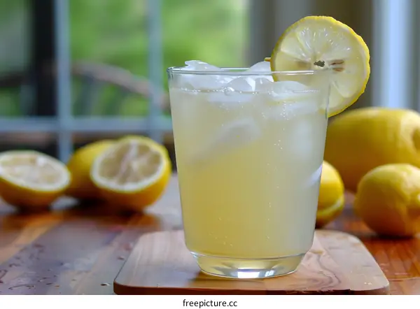 Glass of Homemade Lemonade with Ice and Lemon Slices
