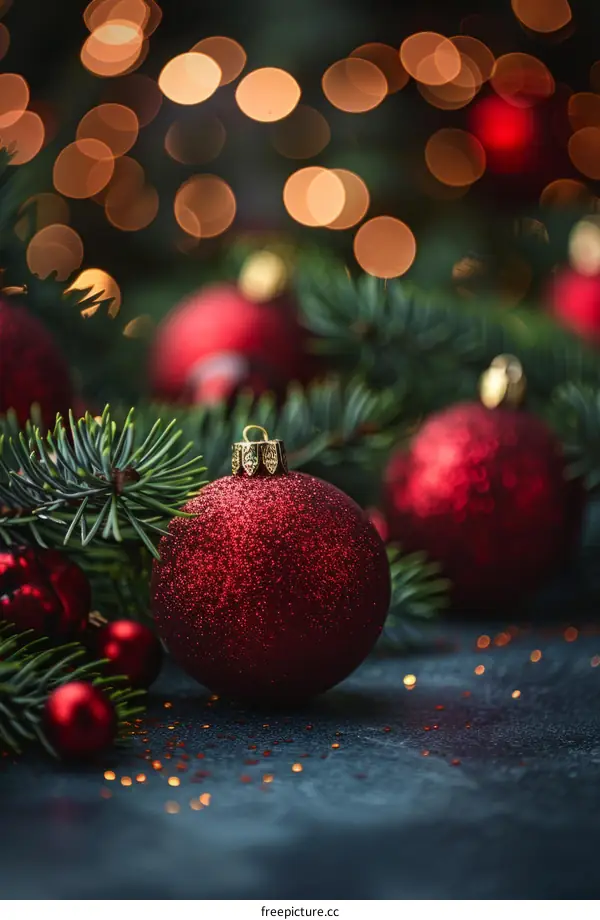 Red Christmas Ornaments with Fir Branches