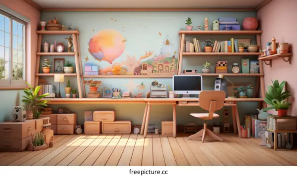 A cozy home office with a large desk, a comfortable chair, and plenty of storage space