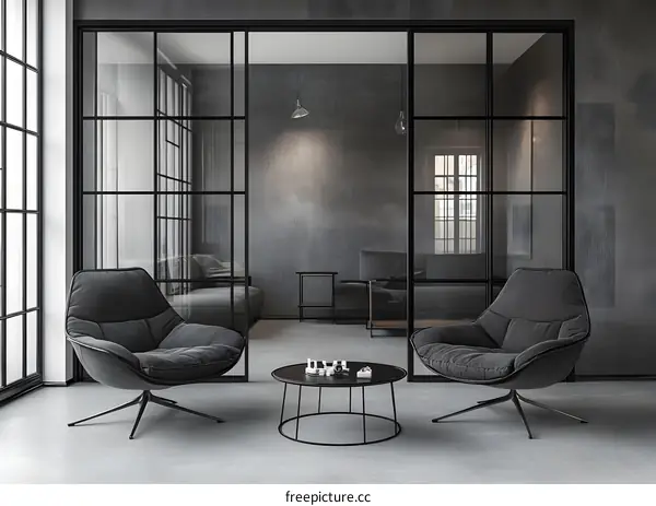 Modern Minimalist Interior Design with Two Black Armchairs and a Coffee Table